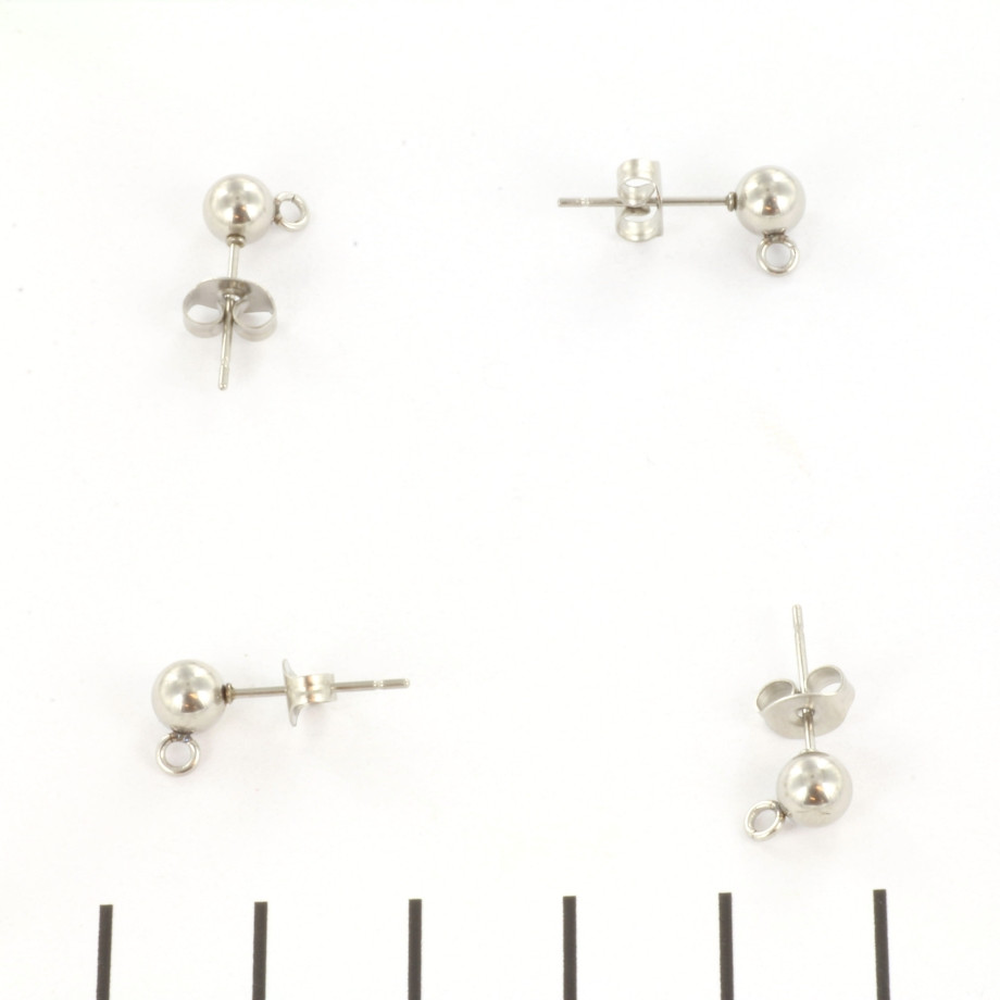 Tije pentru cercei cu bilă și orificiu - din oțel inoxidabil argintii, 5 mm, set 2 bucati